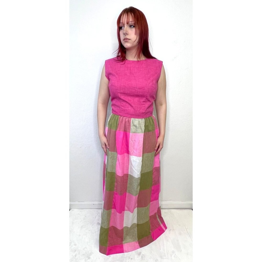 Vintage 70s Pink Checkered Maxi Long Hostess Dress M Medium Party Festival - Picture 4 of 6